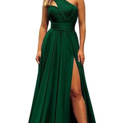 One Shoulder Bridesmaid Dresses for Wedding with Pockets Split Long Formal Prom Evening Dress Emerald Green