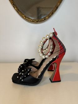 Unique Statement Heels with Pearl Ankle Strap and Bow – Size 37