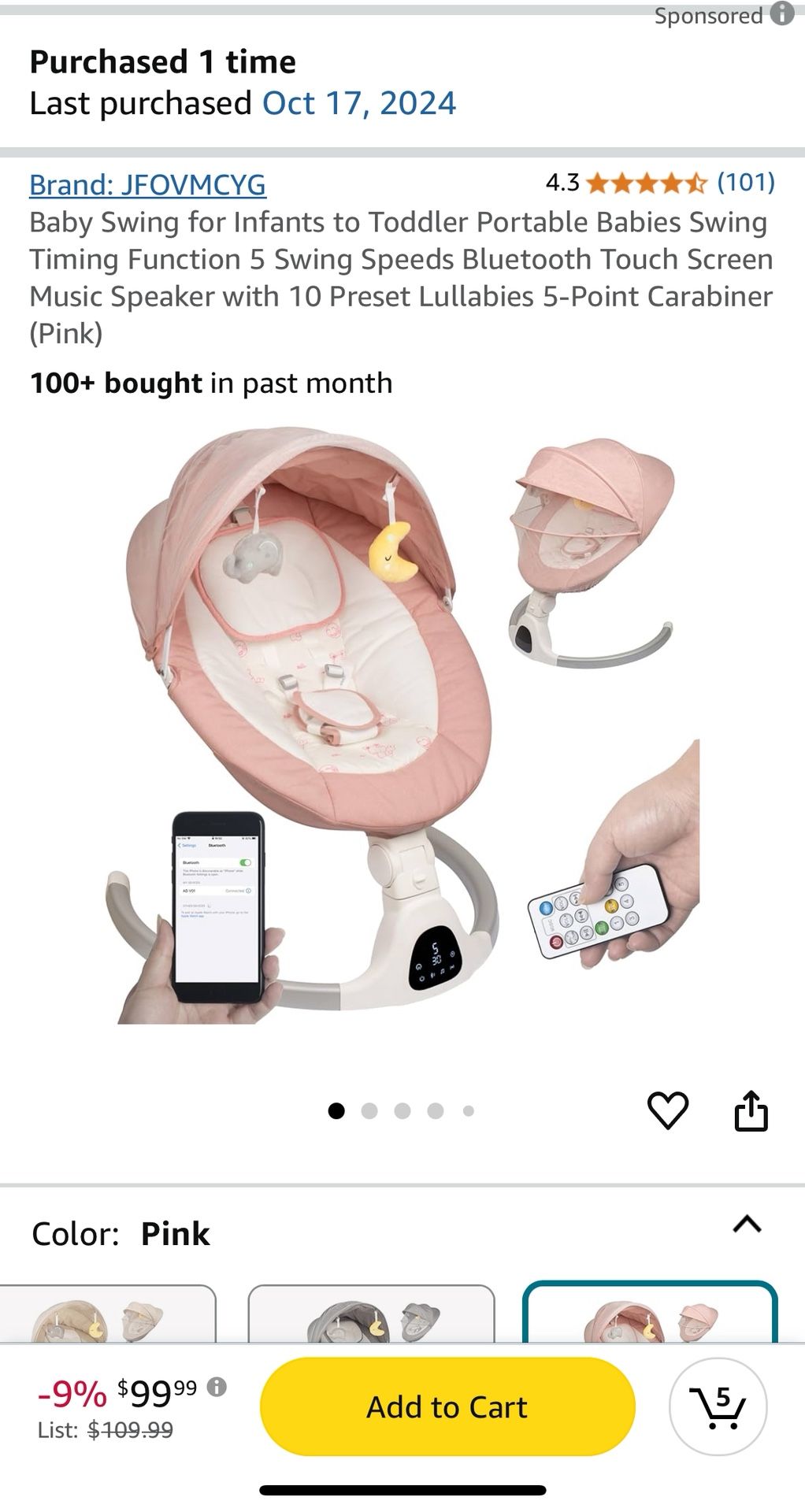 Pink Baby Swing With Bluetooth And Remote In Box