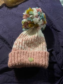 Pink Knit Beanie with Multicolor Pom-Pom