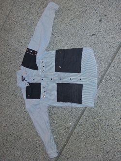 AVERY TIEN DESIGNER Striped Button-Up Shirt with Denim Patches
