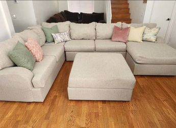 Large Beige/Sand Sectional + Ottoman – Professionally Cleaned! ✨