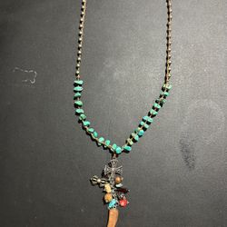 Gorgeous Multi Turquoise And Metal Cross Woven Leather Necklace With Multiple Charms 