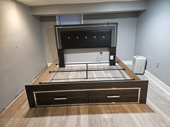 Brand new in box king size Ashley gray color LED lighted storage bed frame special