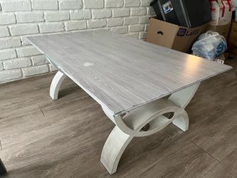 Coffee table, white base with silver rods, glass table top