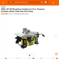 RYOBI
ONE+ HP 18V Brushless Cordless 8-1/4 in. Compact Portable Jobsite Table Saw (Tool Only)