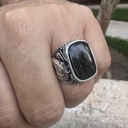 Plata 925 Anillos Grande Con Ónix Talla 10 