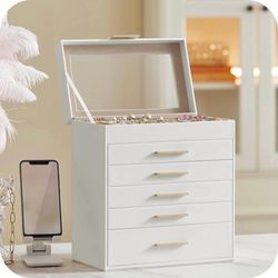 Jewelry Box with Glass Lid, 6-Layer Jewelry Organizer, 5 Drawers