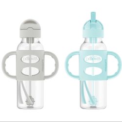 Dr. Brown's Milestones Narrow Sippy Straw Bottle, Spill-Proof 100% Silicone Handles & Weighted straw