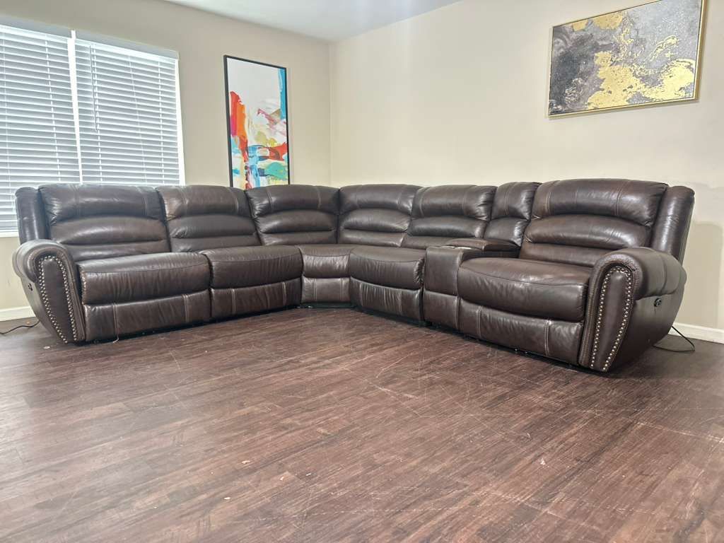 Genuine Leather Nail Head Trim Power Reclining Sectional (Delivery Available!)