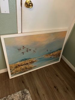 Signed 1964 Wood Framed Landscape Oil Painting By Robert McGreevy Ducks/Birds Over Marsh