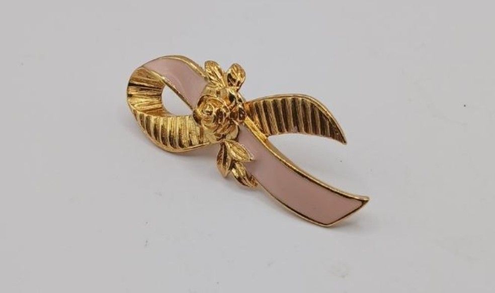 Breast Cancer awareness Society pink & gold ribbon with Rose lapel pin