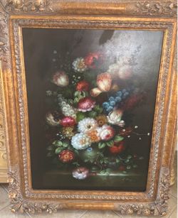 (Purchased in 1995) Floral Still Life Oil Painting in Gold Frame