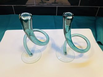 Vintage Pair Of  Aqua Blue Swirled Candlesticks 