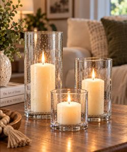 Set of 3 Clear Glass Hurricane Candle Holders ā 10", 7" & 4" ā Seeded Bubble Glass Centerpieces