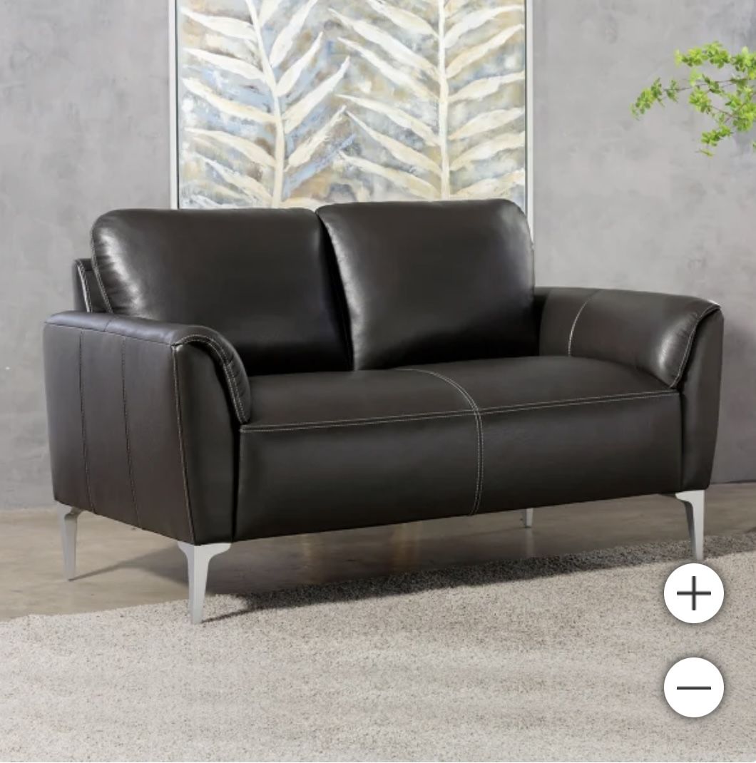 Modern Top Grain Leather Loveseat Dark Gray