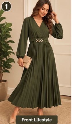 SHEIN Olive Green Pleated Maxi Dress Size L – New