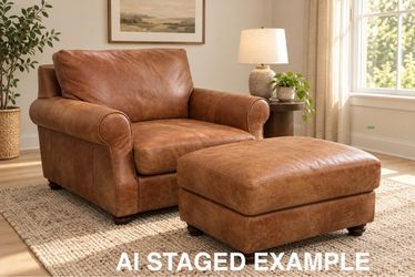 Leather Arm Chair + Ottoman – Saddle Brown