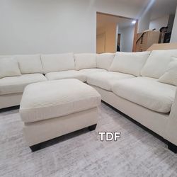 Brand New Ivory Corduroy Sectional Sofa +Ottoman (New In Box)