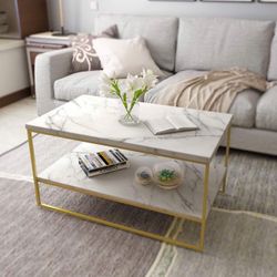 White Marble Print Coffee Table with Gold Metal Legs, 2 Tier Living Room Table