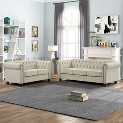 Tufted Upholstered Chesterfield set Loveseat, Sofa 2 PCS for Living Room, Fabric, Linen Beige