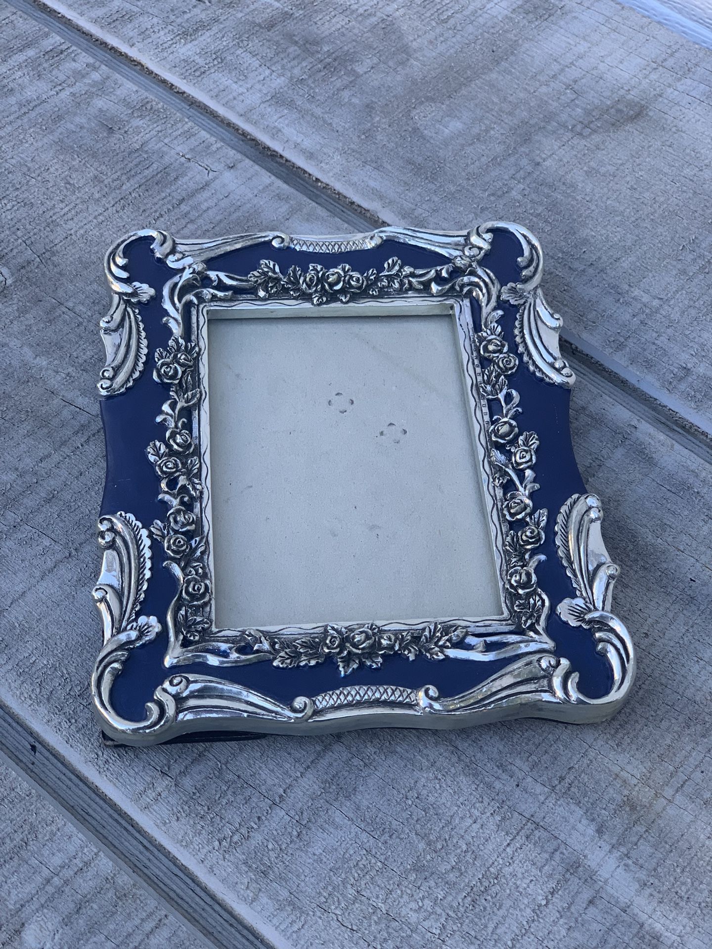 Vintage Blue Silver Ornate Baroque Picture Frame Floral Scroll 7x6 Décor