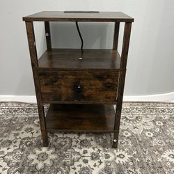 Nightstand with Charging Station and USB Ports, 3-Tier Storage End Table with Drawer Shelf, Brown 