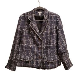 Chicos Y2K Black Blue White Fringed Nubby Textured Tweed Blazer Jacket Size 3 XL