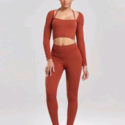 Women's 2pcs Solid Seamless long sleeve crop top & leggings workout Exercise M