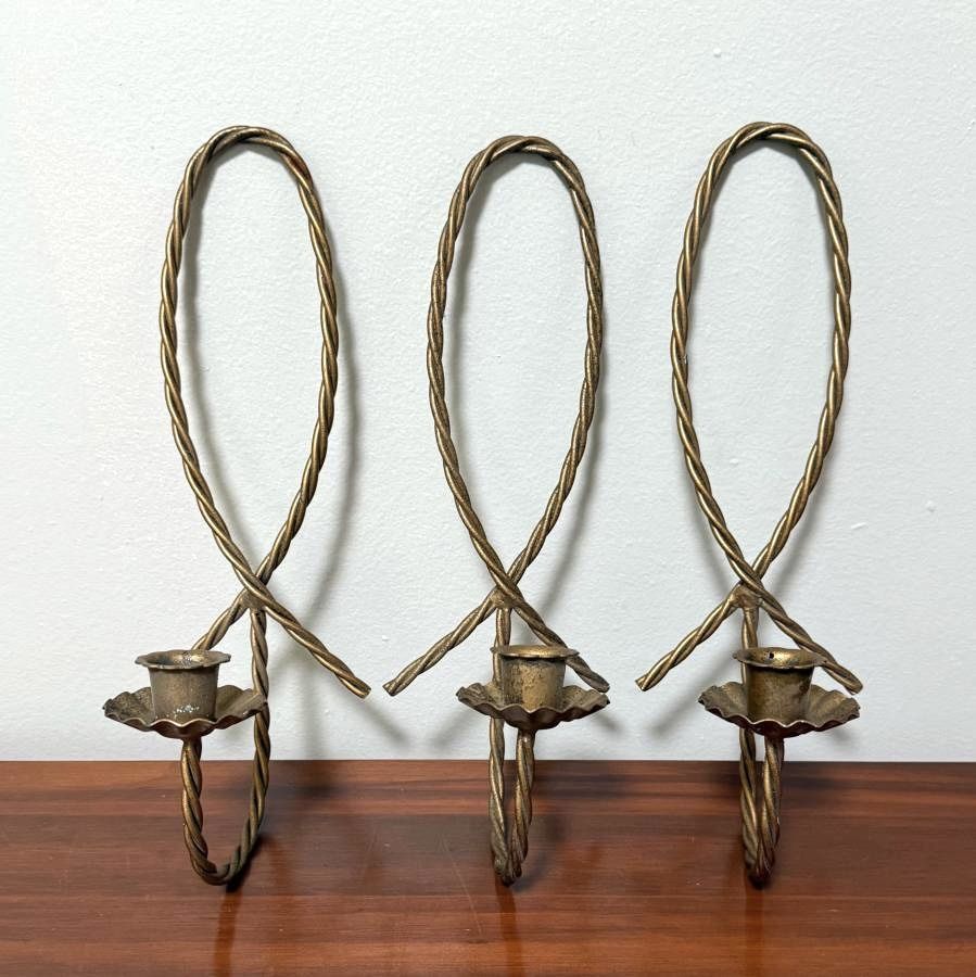 Set Of 3 Vintage Mid Century MCM Oval Braided Gold Metal Rope Wire Candle Holder Wall Sconce Hollywood Regency Decor