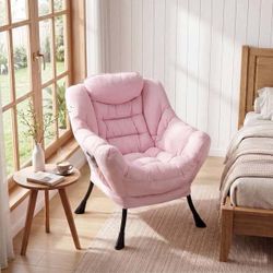 Pink Lazy Chair, Modern Accent Lounge Chair with Side Pocket, Upholstered Single Sofa Chair with Armrests for Living Room, Bedroom