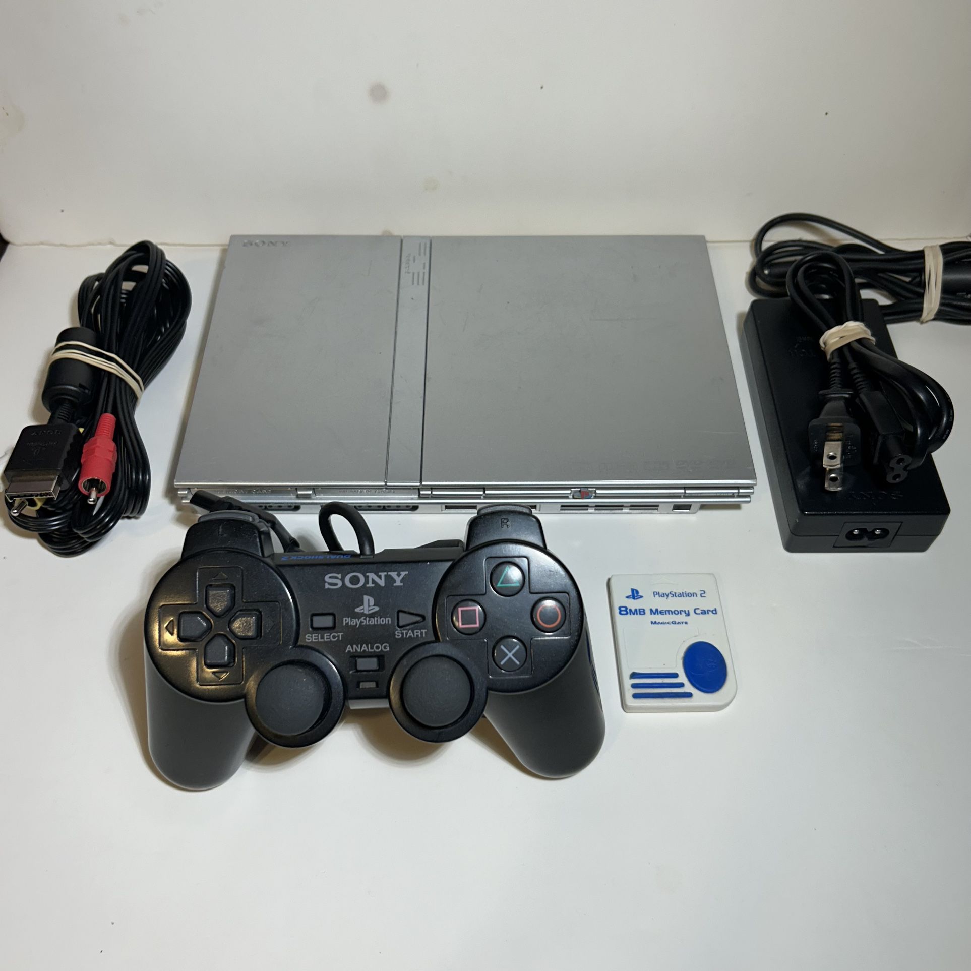 Sony PlayStation 2 PS2 Slim Silver Console, TESTED & WORKING! w/ Cables & Controller 