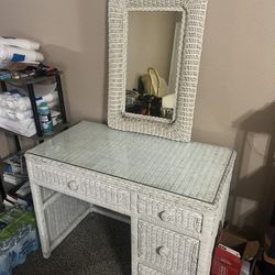 White Wicker Desk + Mirror - Negotiable Price