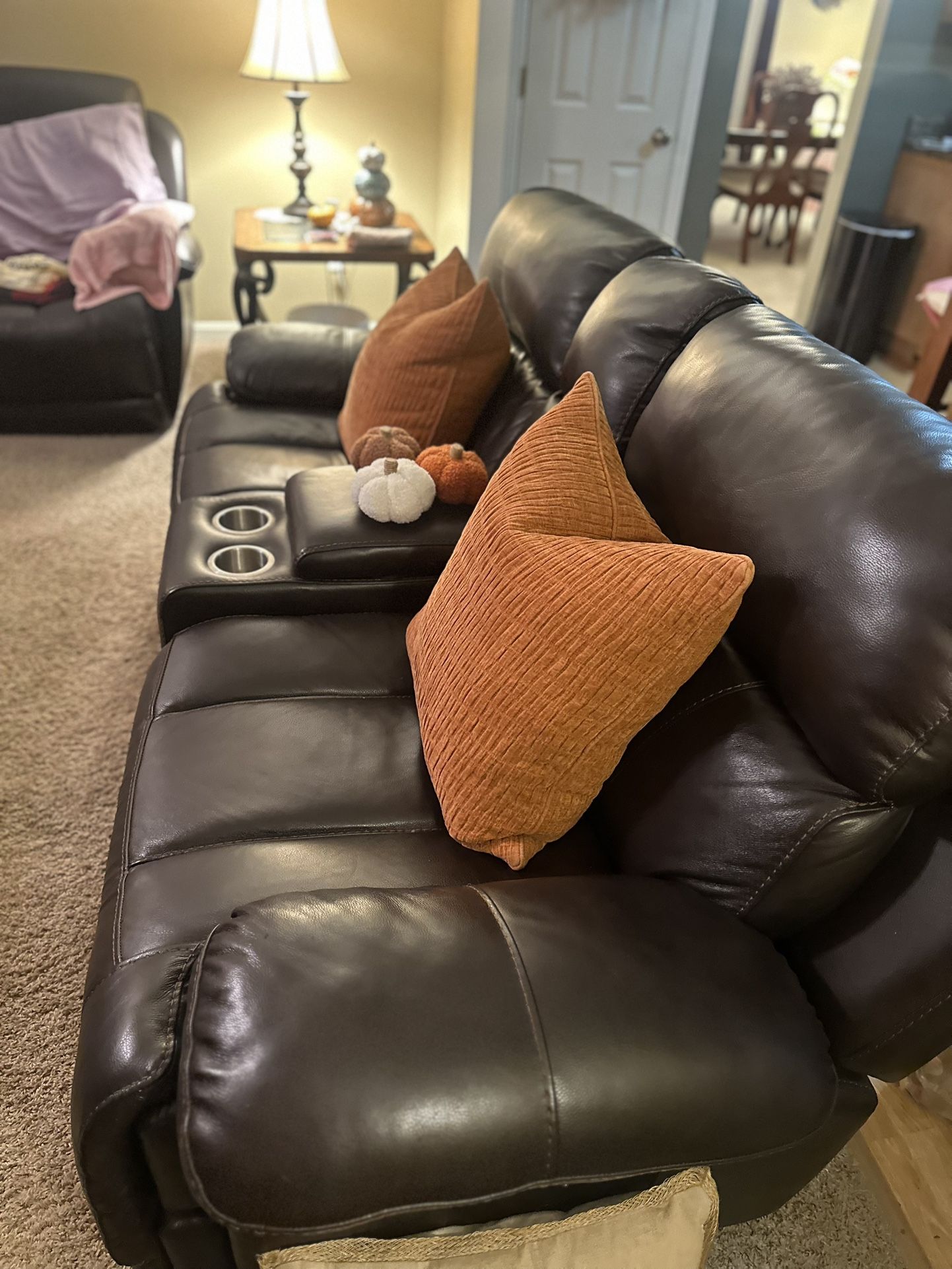 Brown Leather Sofa With 2 Recliner Seats