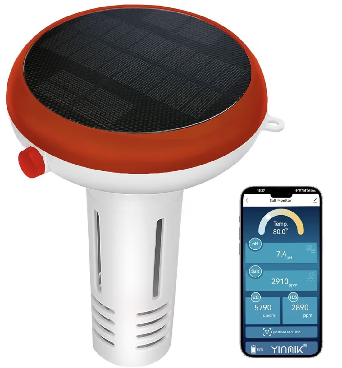 YINMIK Solar Charged Pool Monitor, WiFi pH and Salinity Tester for Salt Water Pool, 5 in 1 Smart Pool Water Salt Monitor, Floating Salt pH Meter for S