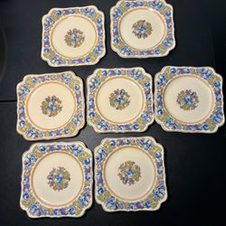 Crown Ducal Florentine England 1930s set Of 7 Scalloped Salad Dessert Plates, 7.5”
