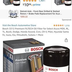 Bosch 3312 Premium FILTECH Oil Filter for Select Acura MDX, RL, TL, Buick, Dodge, Honda Accord, Civic, CR-V, Pilot, Hyundai Santa Fe, Isuzu, Kia, Mits
