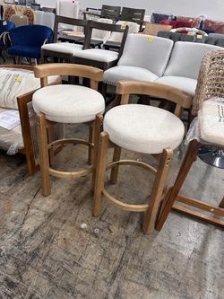 Ya-Home Mid-Century Bar Stools Set of 2, 26.5 Inch Linen Counter Height Upholstered Barstools Bar Chairs with Solid Wooden Legs for Kitchen Island Din