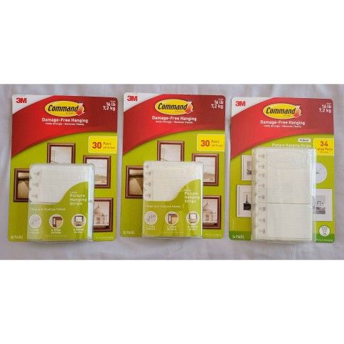 3M Command Picture Hanging Strips, 3 Large Packs - New