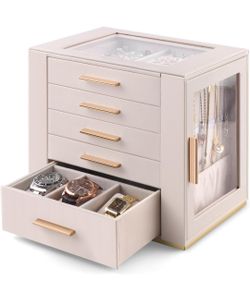 Homeanda Jewelry Box for Women with Glass Lid, 5 Drawers Jewelry Organizer and Storage for Necklaces, Rings, Earrings, Bracelets, Gift for Girls and T