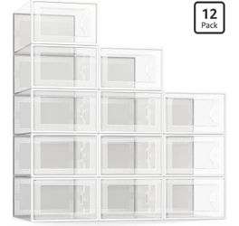 12 Pack Shoe Storage Box, Clear Plastic Stackable Shoe Organizer for Closet, Space Saving Foldable Shoe Rack Sneaker Container Bin Holder