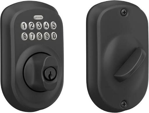 Schlage Camelot Matte Black Electronic Keypad Deadbolt (Model # BE365 V CAM 622).