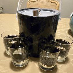 Vintage Faux Marble Cocktail Glassss and matching Ice Bucket