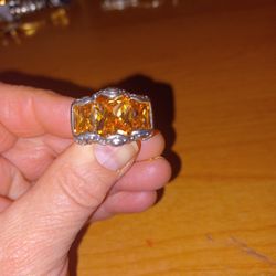 Large Vintage 925 Sterling Silver Three  Stone Citrine Cocktail Ring