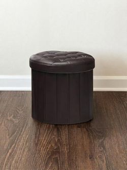 Round Brown Faux Leather Storage Ottoman