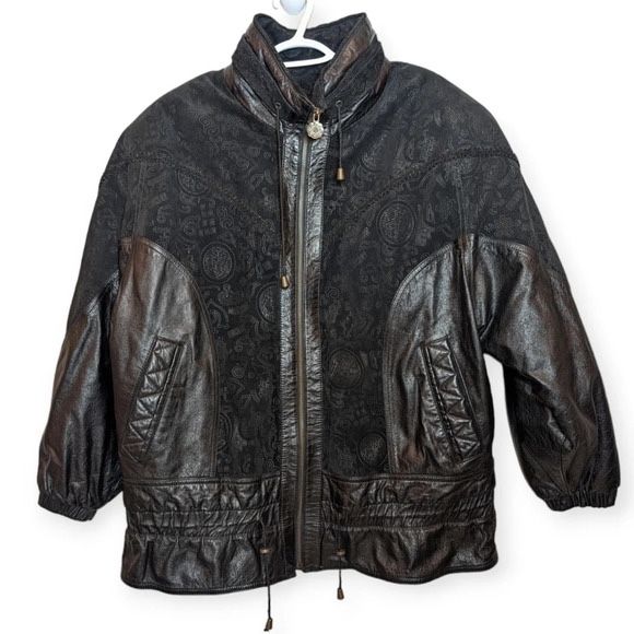 Vintage Maggie Lawrence Black Leather Suade Pattern Biker Ruffle Jacket