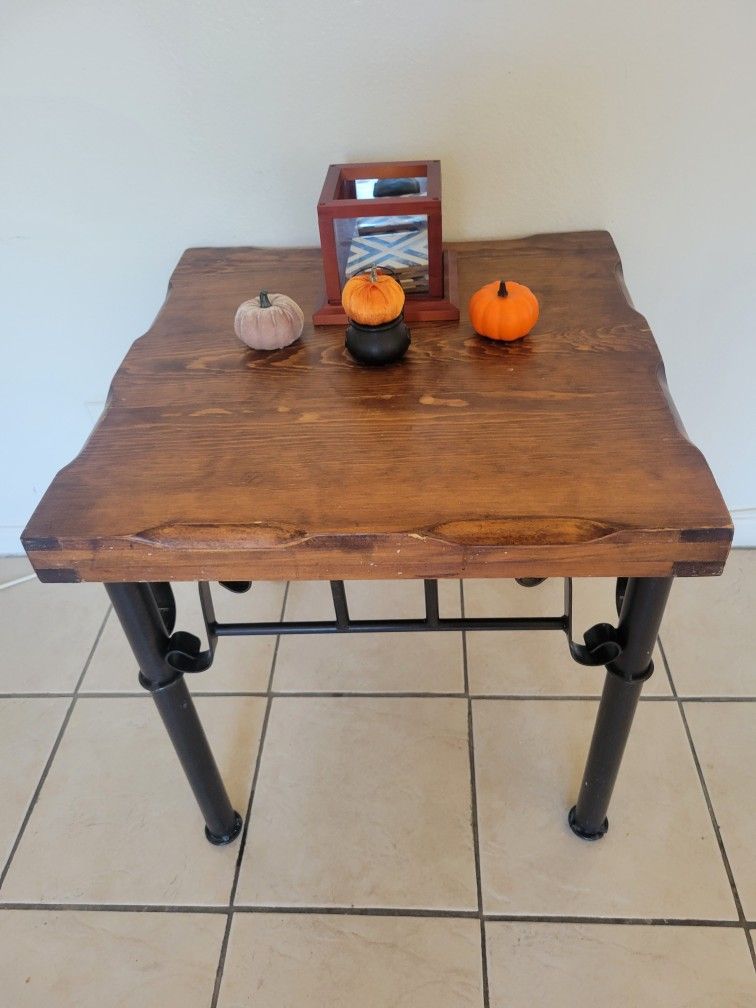 Wrought Iron Base & Solid wood Side Table