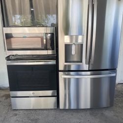 GE fridge microwave and stove stainless steel