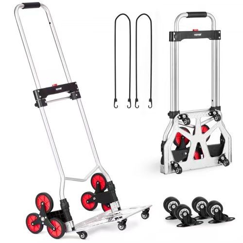 Stair Climbing Cart, 260 lbs Capacity Stair Climber Hand Truck and Dolly, Heavy-Duty Folding Trolley Cart with Telescoping Handle, 10 Wheels & 2 Elast