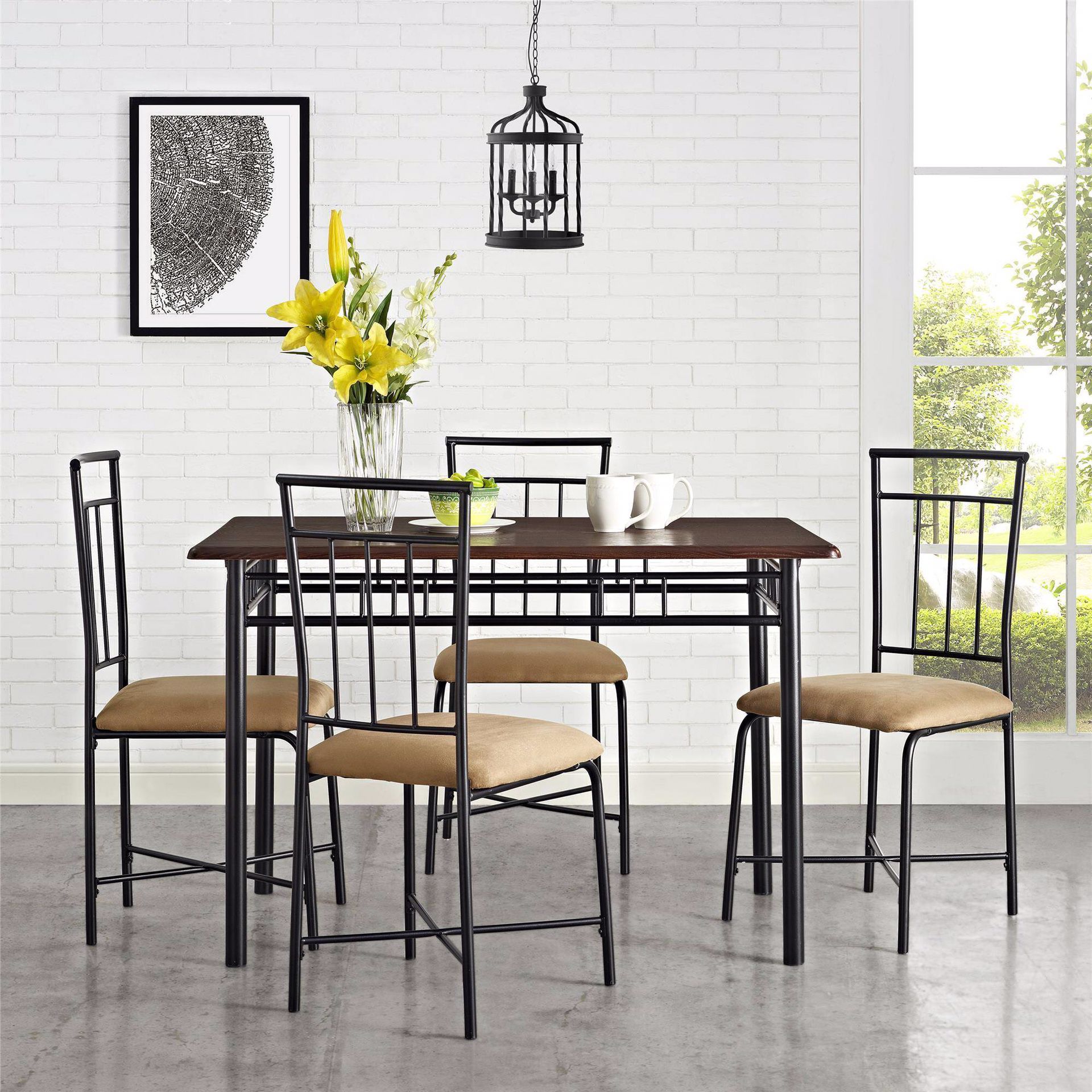 5-piece Dining Set, wooden table top, upholstered chairs